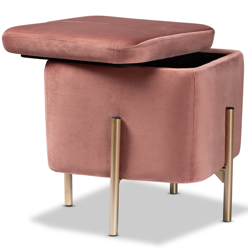 Aleron Ottoman Contemporary Glam Luxe Pink Velvet Fabric Upholstered Gold Finished Metal Storage