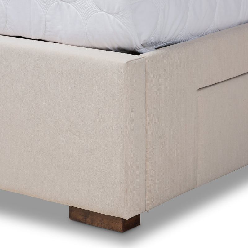 Leni Platform Storage Bed Frame - Modern and Contemporary Beige Fabric Upholstered 4-Drawer Design