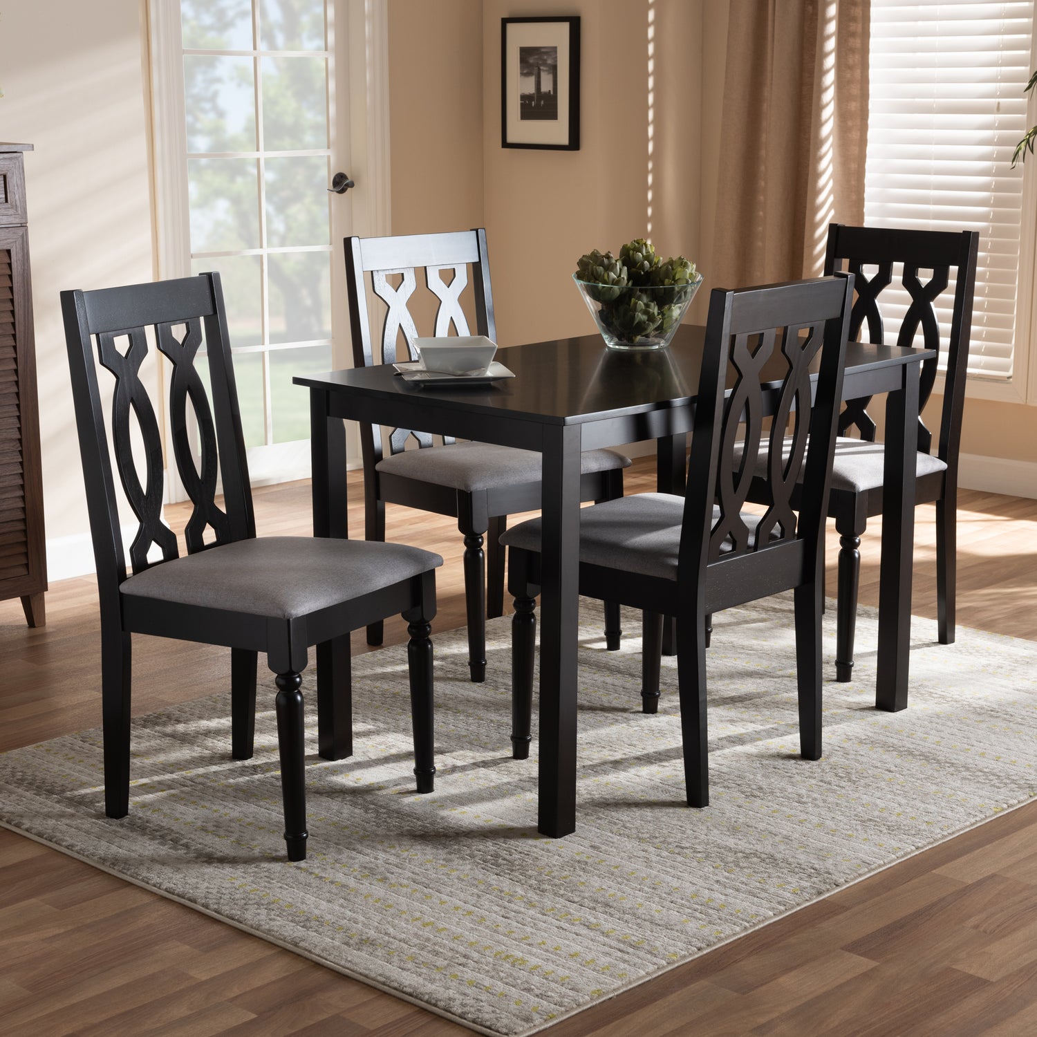 Cherese Dining Set Modern Contemporary Grey Fabric Upholstered Espresso Brown Finished 5-Piece Wood