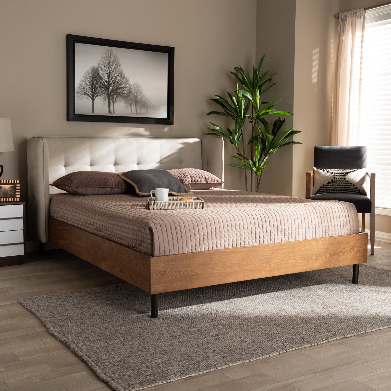 Catarina King Size Wingback Platform Bed Mid-Century Modern Light Beige Fabric Upholstered Walnut Finished Wood Frame