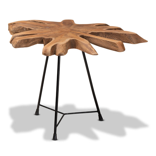 Merci Rustic Industrial End Table with Natural Brown and Black Finish, Unique Teak Tree Trunk Tabletop Design