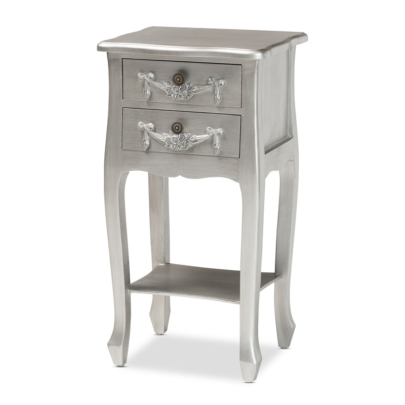 Eliya End Table Classic and Traditional Brushed Silver Finished Wood 2-Drawer