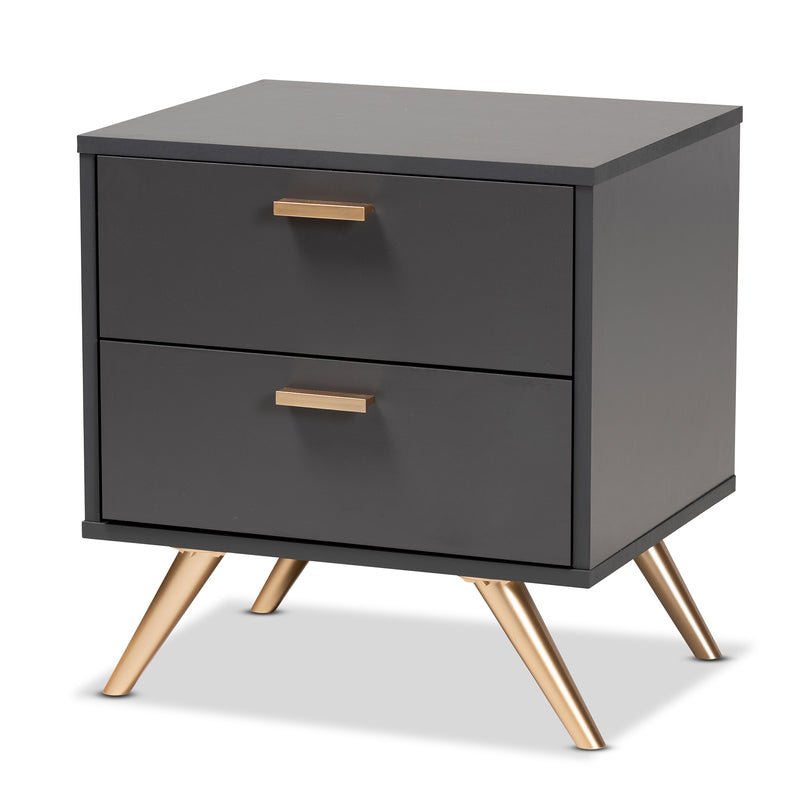 Kelson Nightstand Modern Dark Grey and Gold Finished Wood 2-Drawer Nightstand for Bedroom Storage and Style