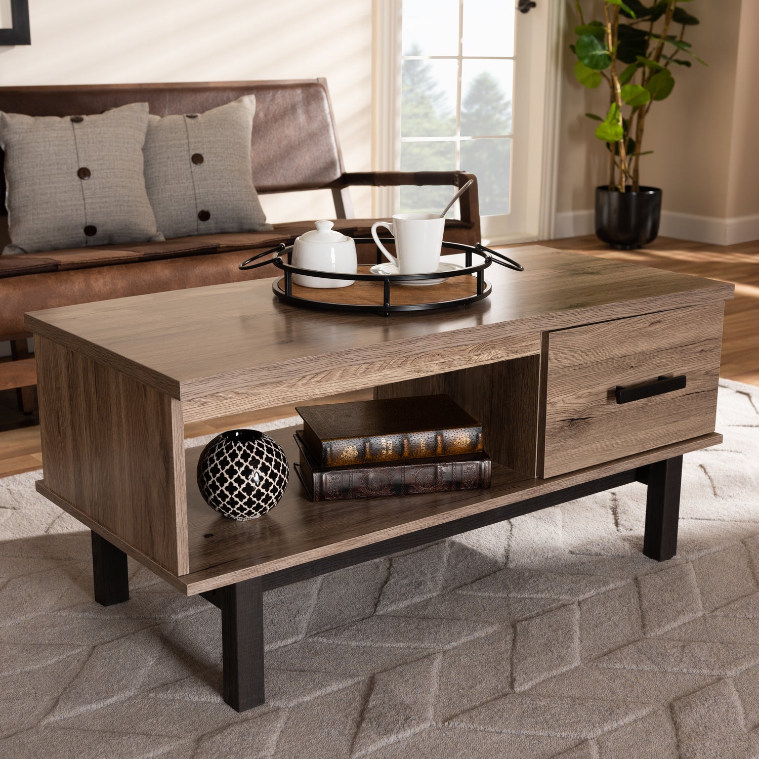 Arend Coffee Table Modern Two-Tone Design in Oak Brown and Black Wood with 1 Storage Drawer