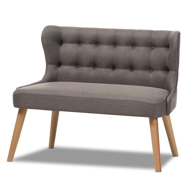 Melody 2-Seater Settee Bench in Mid-Century Modern Style with Grey Fabric and Natural Wood Finish