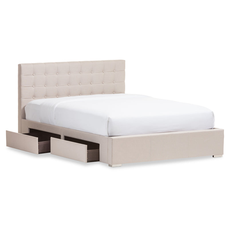 Rene Queen Size Storage Platform Bed Modern Beige Fabric with 4 Drawers for Organized Living