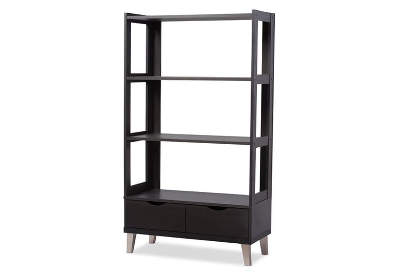 Kalien Modern Dark Brown Wood Leaning Bookcase with Display Shelves and Two Storage Drawers for Home or Office Use