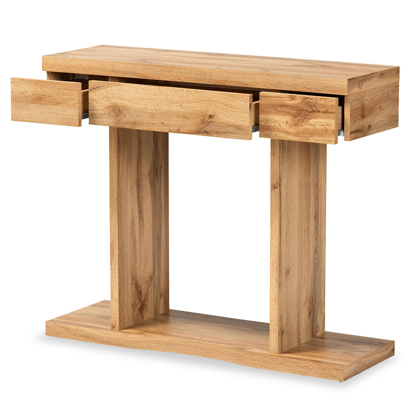 Otis Console Table Modern Oak Brown Finished Wood with 3 Drawers for Stylish Storage and Display