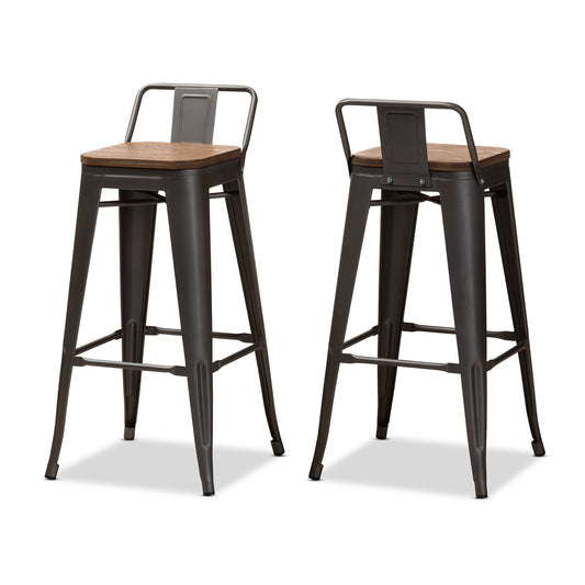 Henri Stackable Bar Stool Vintage Rustic Industrial Style Tolix-Inspired Design with Bamboo Seat and Gun Metal Steel Frame Backrest