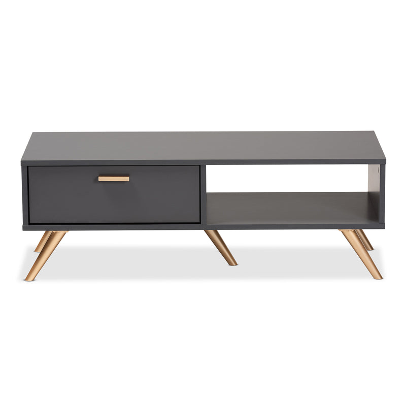 Kelson Coffee Table Modern Contemporary Dark Grey Wood Gold Finish Stylish Living Room Furniture Piece