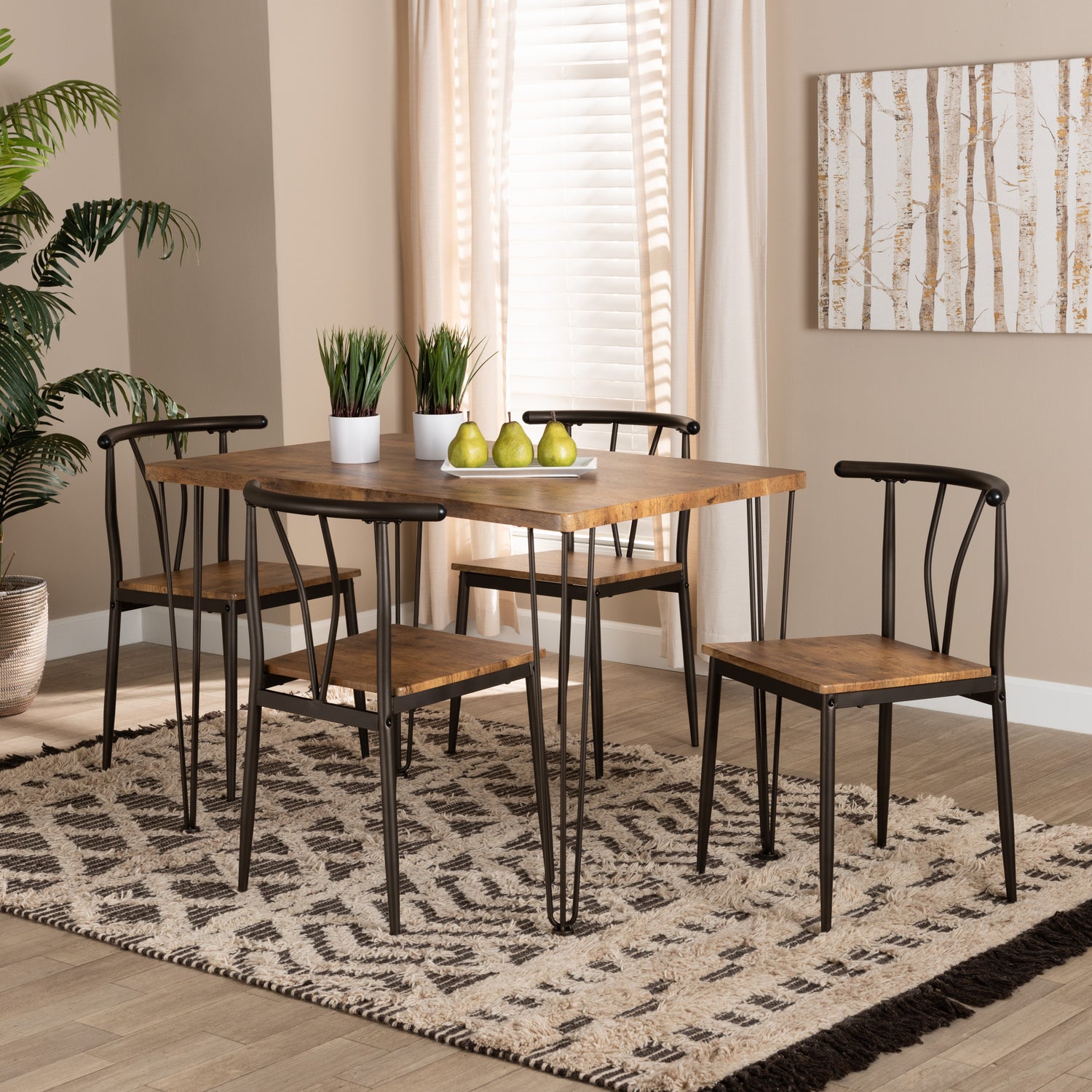 Tilda Dining Set Modern Industrial 5-Piece Collection with Natural Brown Wood and Dark Bronze Metal Accents for Stylish Dining Spaces