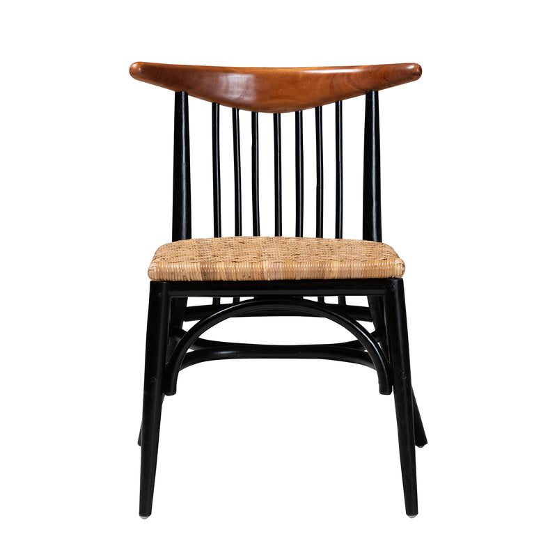 Parthenia Mid-Century Modern Dining Chair in Two-Tone Black and Walnut, Crafted from Mahogany with Natural Rattan Accents