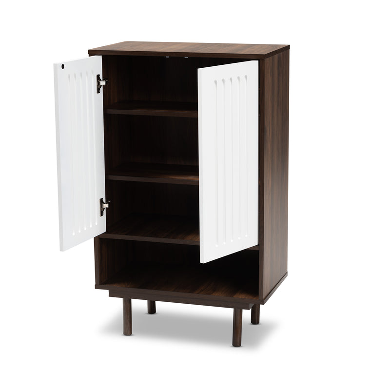 Meike Shoe Cabinet - Mid-Century Modern Two-Tone Walnut Brown and White Wood with 2 Doors for Stylish Storage Solutions