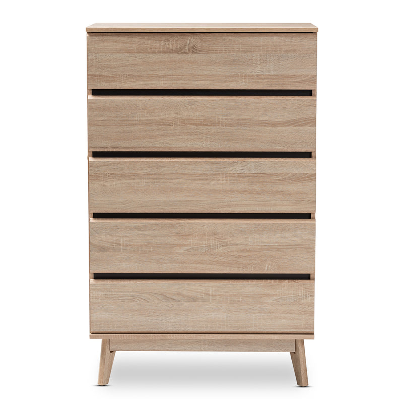 Miren Mid-Century Modern 5-Drawer Chest in Light Oak and Dark Grey Finish - Stylish Storage for Bedroom or Living Room