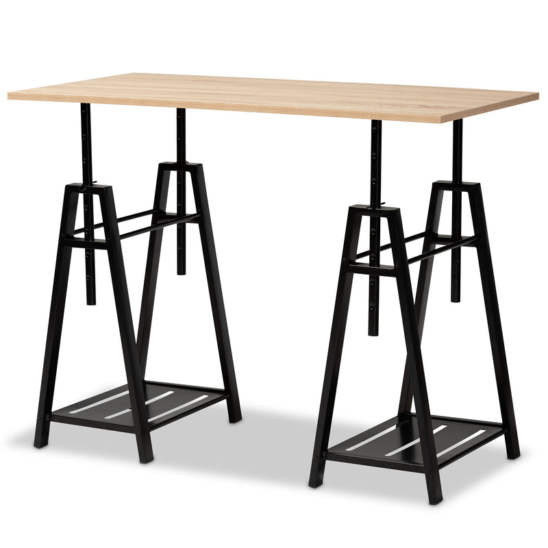 Mary Modern Industrial Height Adjustable Desk in Light Oak Wood and Black Metal Frame