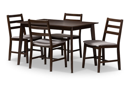 Nadine Dining Set Modern 5-Piece Collection with Walnut Finish and Light Grey Fabric Upholstery