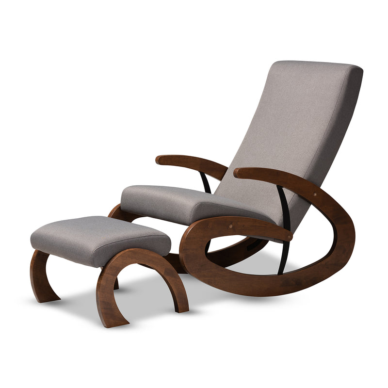 Kaira Rocking Chair and Ottoman Set Gray Fabric Upholstered Walnut-Finished Wood 2-Piece Modern and Contemporary