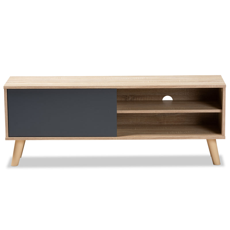 Mallory TV Stand Modern and Contemporary Two-Tone Oak Brown and Grey Finished Wood