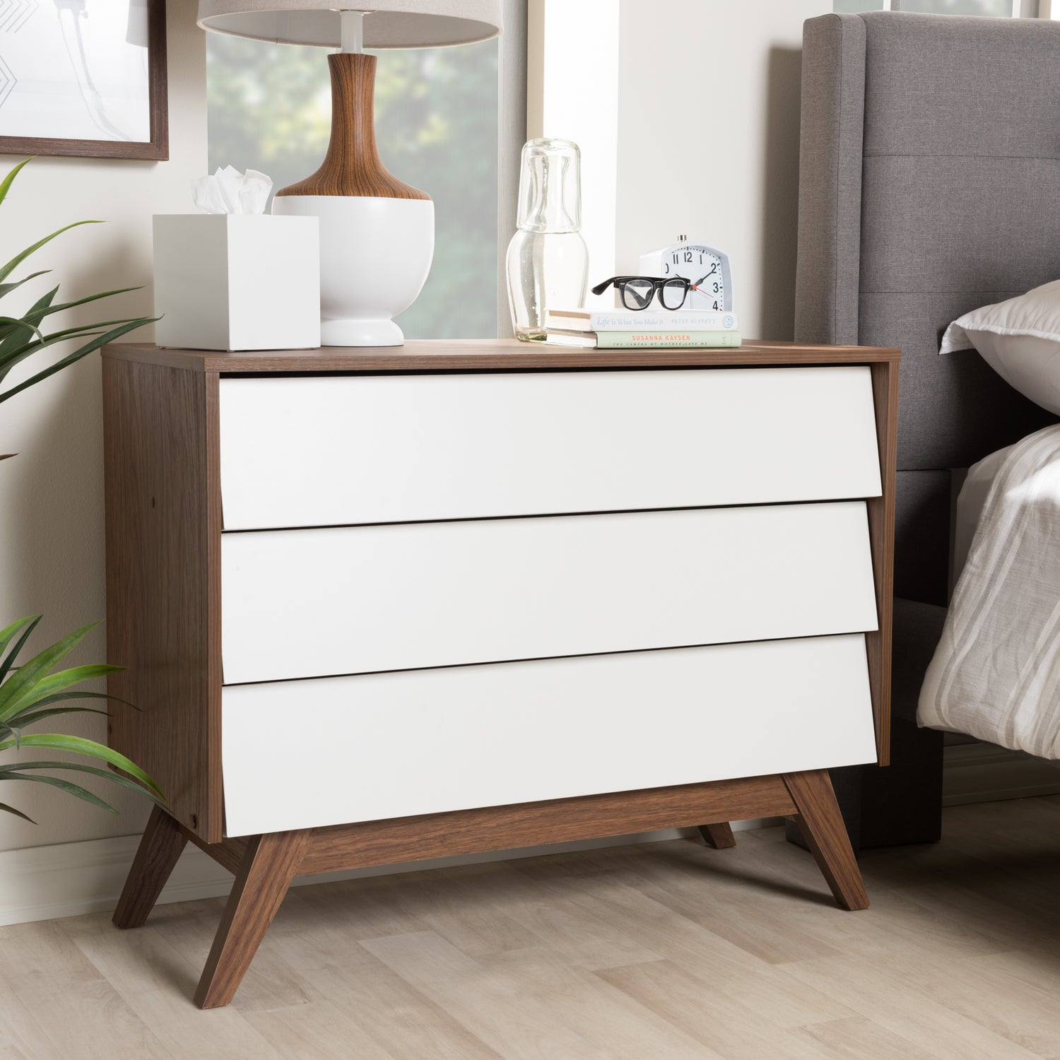 Hildon Mid-Century Modern 3-Drawer Storage Chest in White and Walnut for Stylish Organization and Home Décor