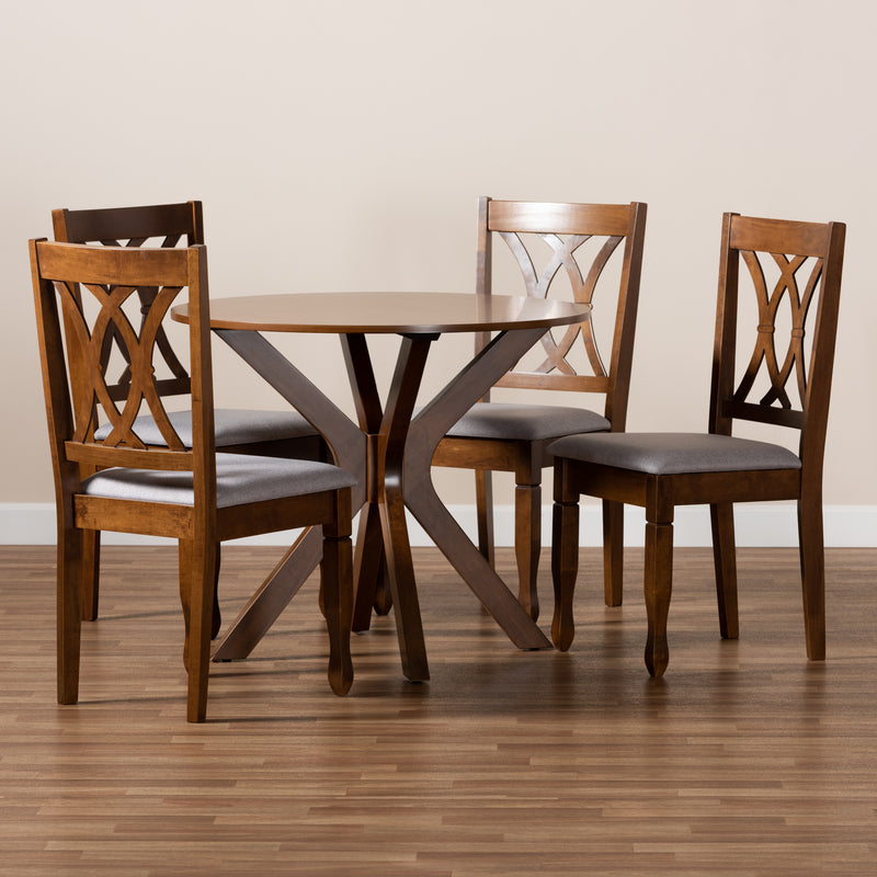 Maya 5-Piece Dining Set Modern Grey Fabric Upholstered Chairs with Walnut Brown Finished Wood Table