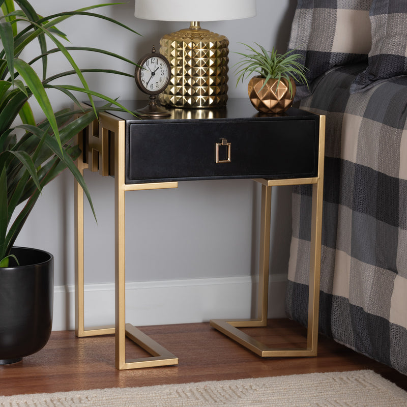 Luna End Table - Contemporary Glam Design with Black Wood and Gold Metal Accents