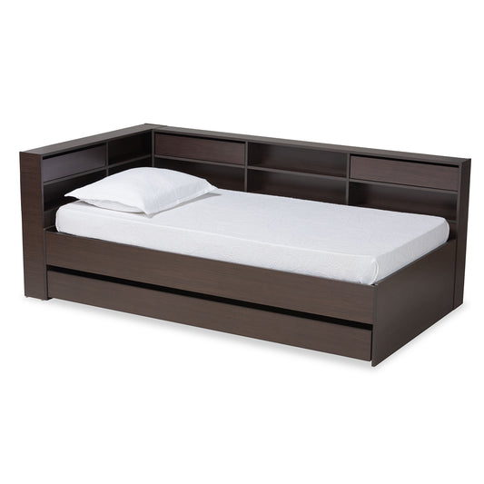 Faraday Twin Size Platform Storage Corner Bed in Dark Brown Finished Wood - Modern Design with Ample Storage Solutions