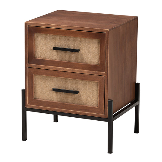 Paxley Mid-Century Modern Industrial End Table with 2 Drawers in Walnut Brown Wood and Beige Fabric Accent