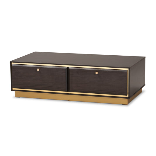 Cormac Coffee Table Mid-Century Modern Transitional Dark Brown Finished Wood and Gold Metal 2-Drawer