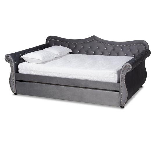 Abbie Daybed - Traditional and Transitional Grey Velvet Fabric Upholstered with Crystal Tufting and Trundle