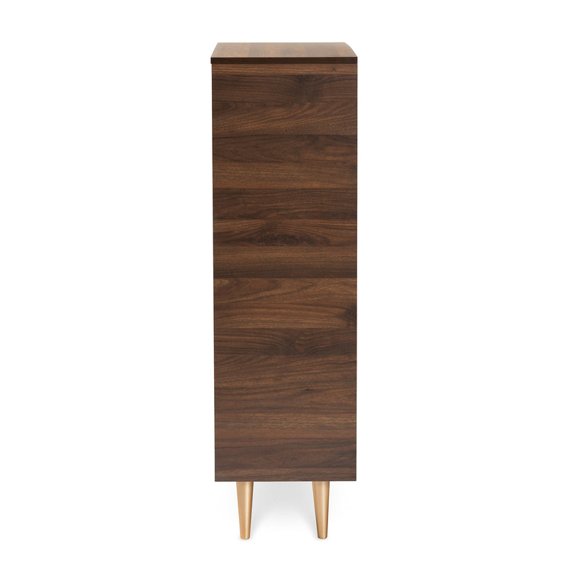 Landen Shoe Storage Cabinet Mid-Century Modern Walnut Brown and Gold Finish with 2 Doors for Entryway Organization