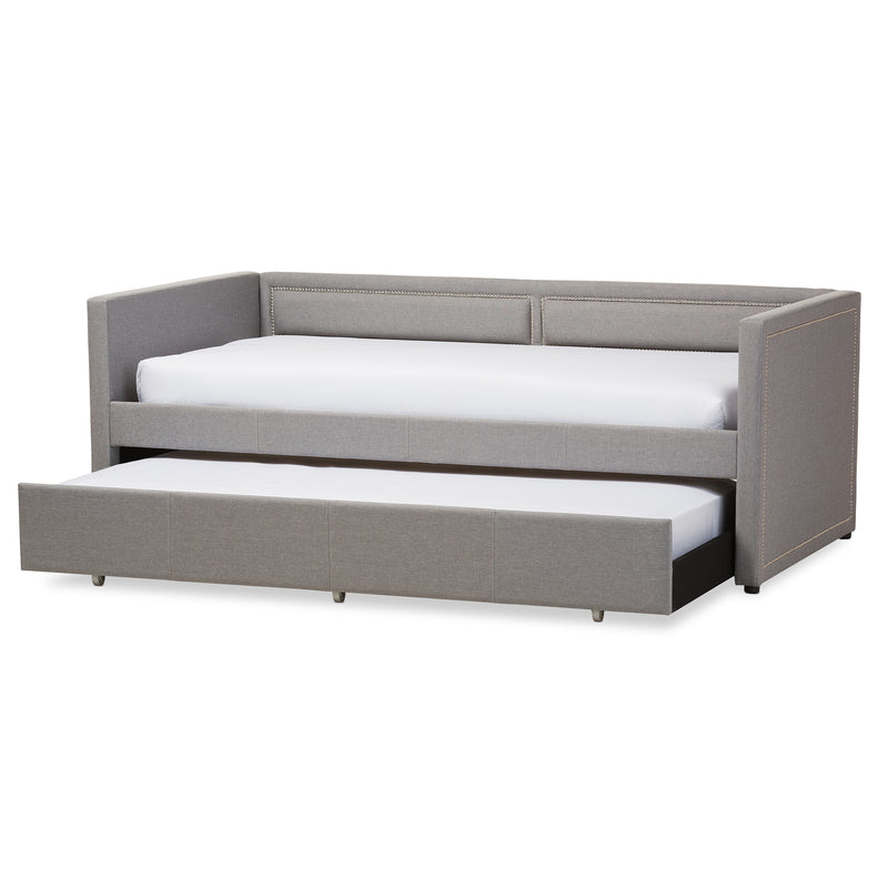 Raymond Sofa Daybed - Modern Grey Fabric Design with Nail Head Trim and Roll-Out Trundle for Guest Bed Convenience