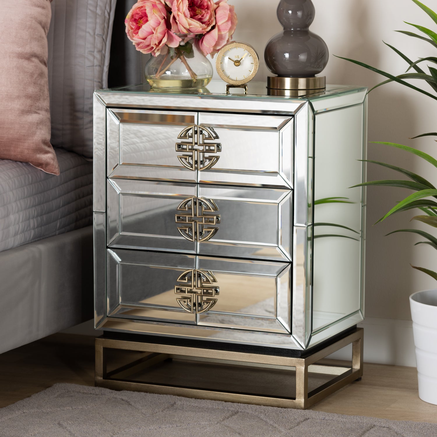 Laken End Table - Contemporary Glam Design with Mirrored and Antique Bronze Finish, Featuring 3 Stylish Storage Drawers