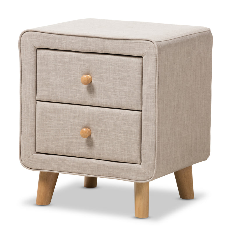 Jonesy Nightstand - Mid-Century Beige Linen Upholstered 2-Drawer