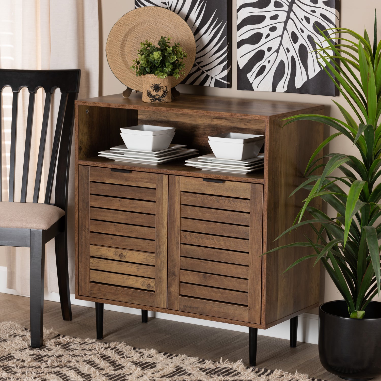 Baylah Sideboard Mid-Century Modern Natural Brown Wood with Black Metal Accents, 2-Door Storage Cabinet for Living or Dining Room