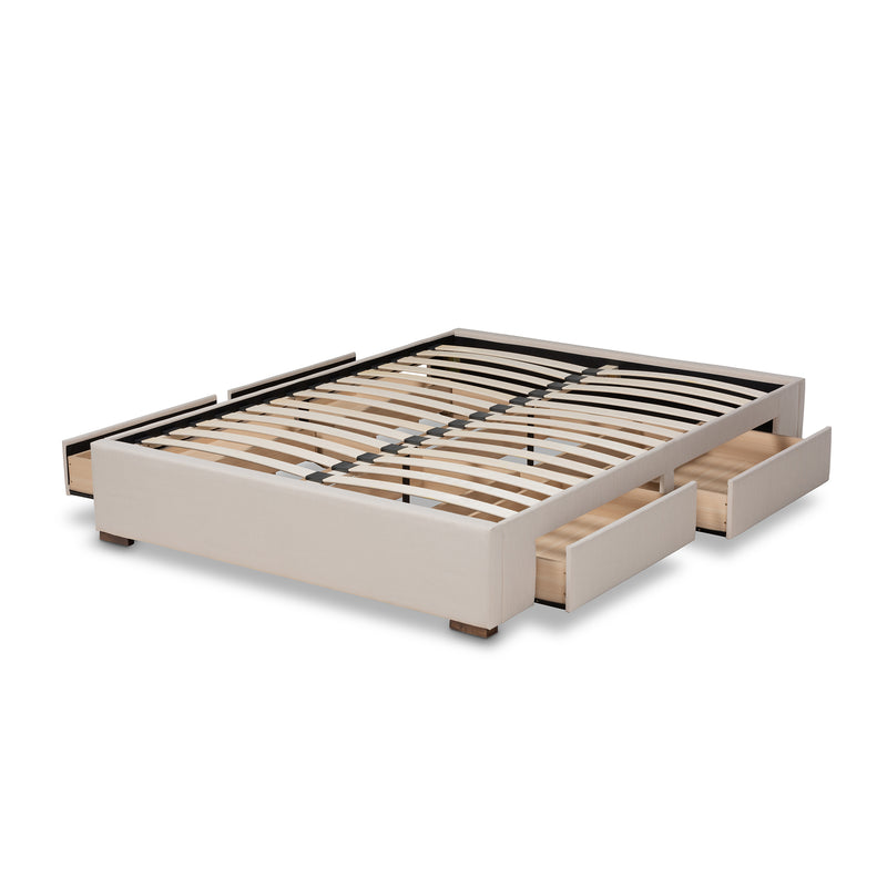 Leni Platform Storage Bed Frame - Modern and Contemporary Beige Fabric Upholstered 4-Drawer Design