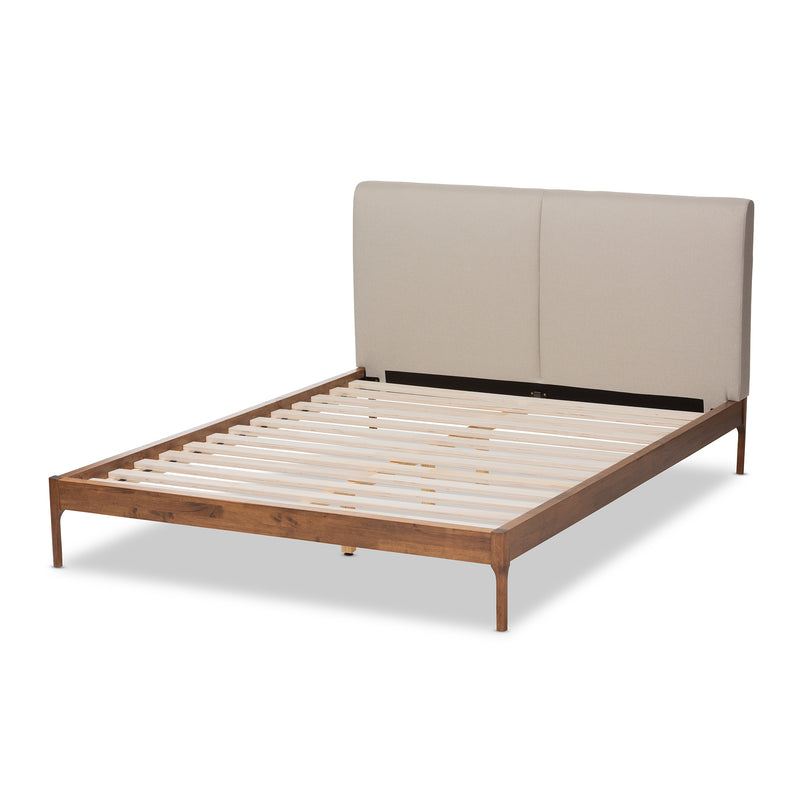 Aveneil Platform Bed - Mid-Century Modern Beige Fabric Upholstered with Walnut Finish