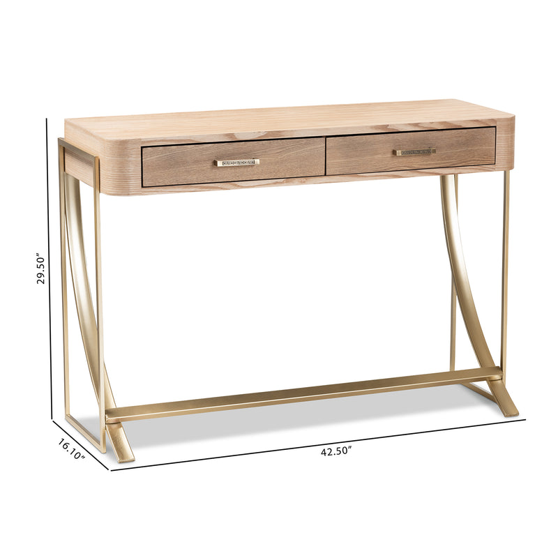 Lafoy Console Table Modern Contemporary Design Natural Brown Wood Gold Accents 2 Drawers for Storage