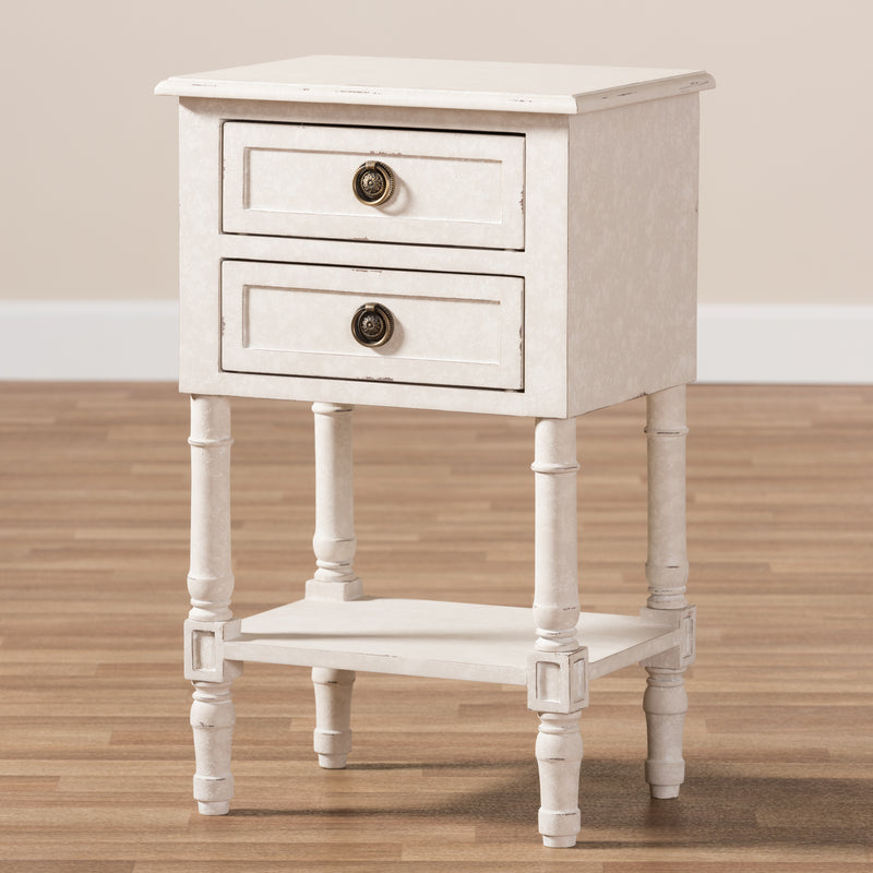 Lenore Nightstand Country Cottage Farmhouse Style 2 Drawer Whitewashed Finish