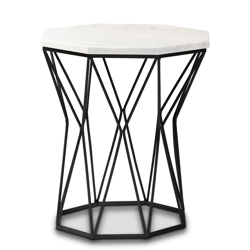 Venedict Modern Black Metal End Table with Elegant Marble Top for Contemporary Spaces