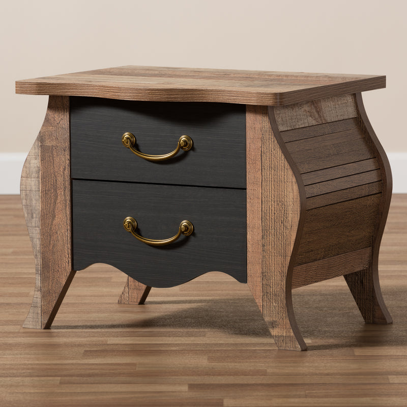 Romilly Nightstand Country Cottage Farmhouse Style Black and Oak-Finished Wood 2 Drawers for Storage and Rustic Charm