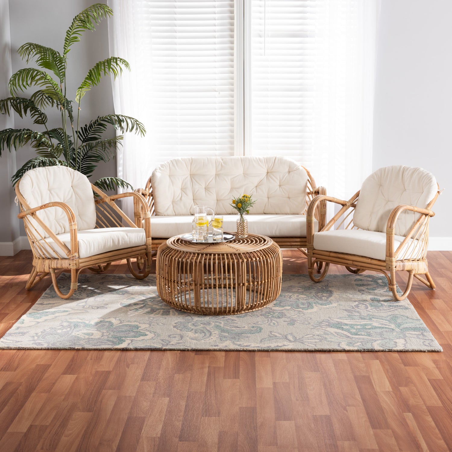 Aliane Modern Bohemian Living Room Set 4-Piece Natural Brown Antique Rattan Furniture Collection for Stylish Home Decor