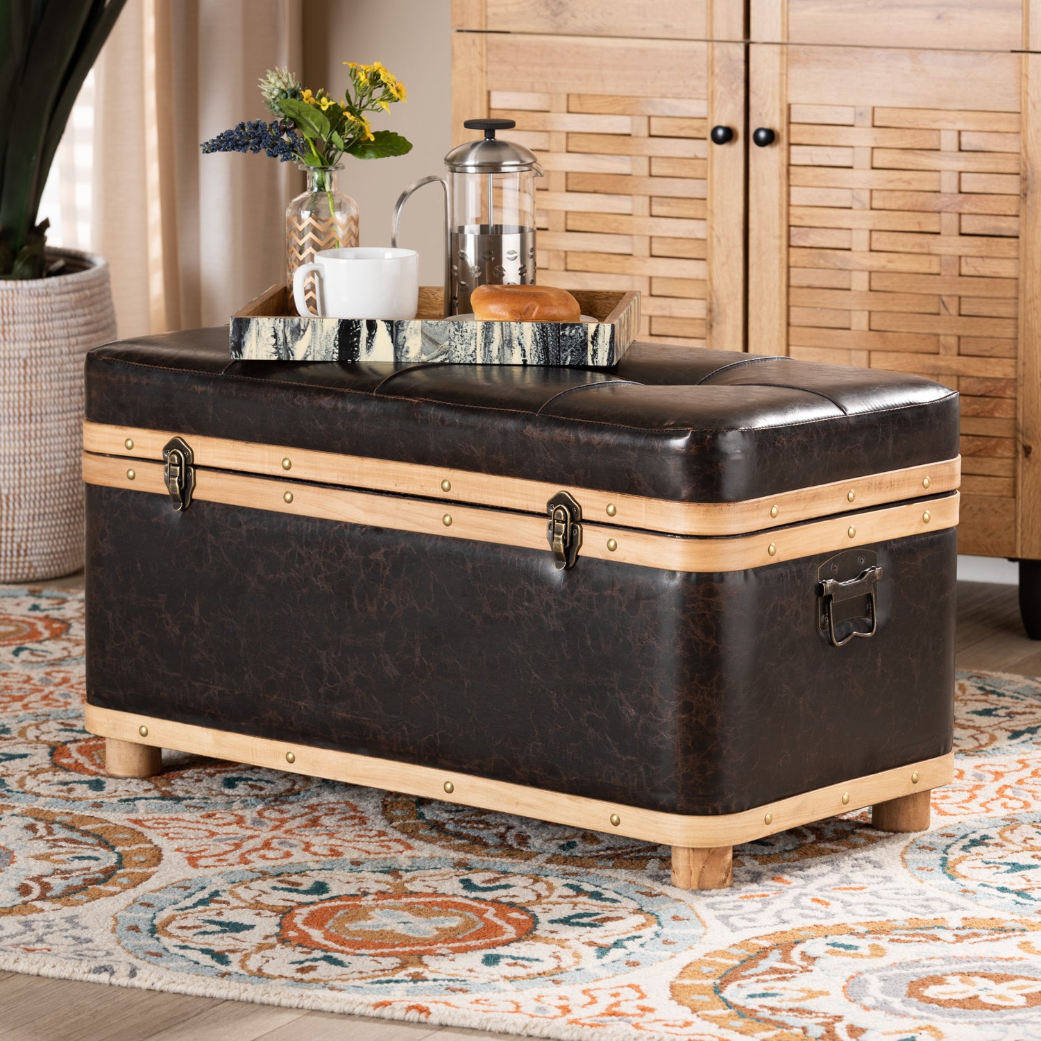 Farrow Ottoman Modern Rustic Transitional Design Dark Brown Faux Leather Oak Brown Finished Wood Base