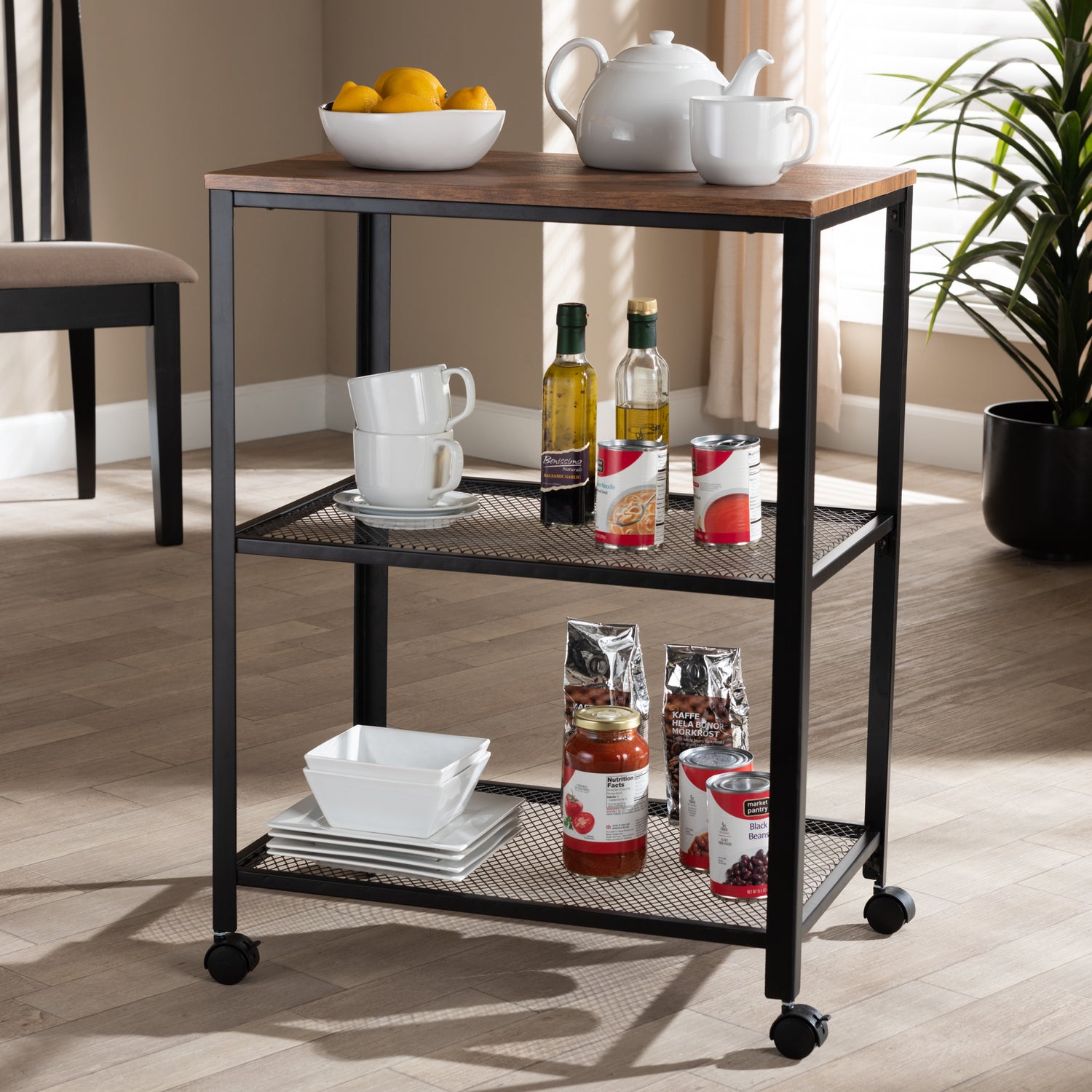 Verna Kitchen Serving Cart Vintage Rustic Industrial Design with Black Metal and Oak Brown Wood for Stylish Home Dining