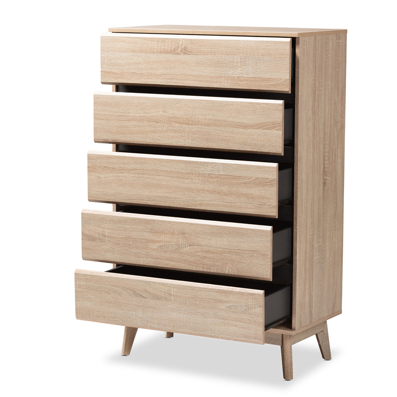 Miren Mid-Century Modern 5-Drawer Chest in Light Oak and Dark Grey Finish - Stylish Storage for Bedroom or Living Room