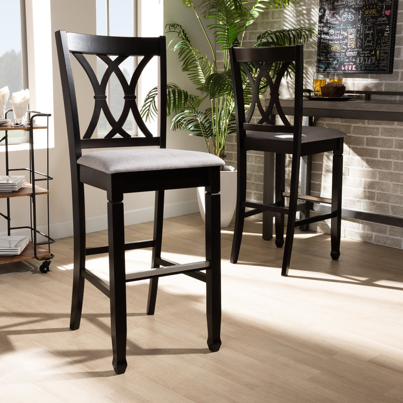 Calista Bar Stool Set Modern and Contemporary Grey Fabric Upholstered Espresso Brown Finished Wood 2-Piece