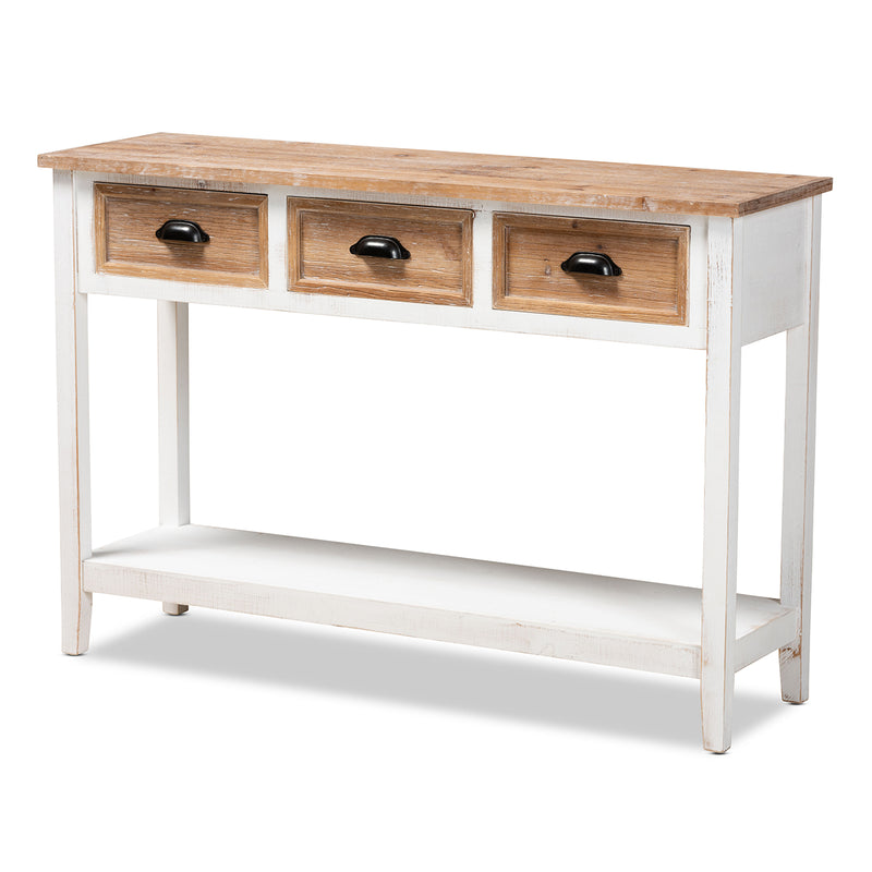 Benedict Console Table Traditional Farmhouse Rustic Design Two-Tone White and Oak Brown Finish with 3 Drawers for Storage