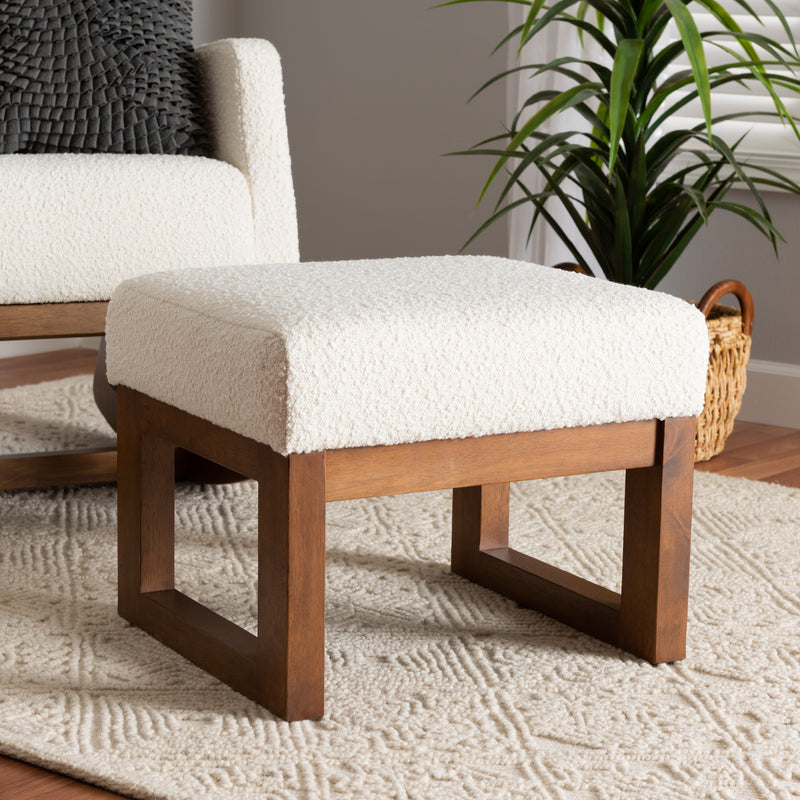 Yashiya Ottoman Mid-Century Modern Off-White Boucle Upholstered Walnut Brown Finished Wood Footstool