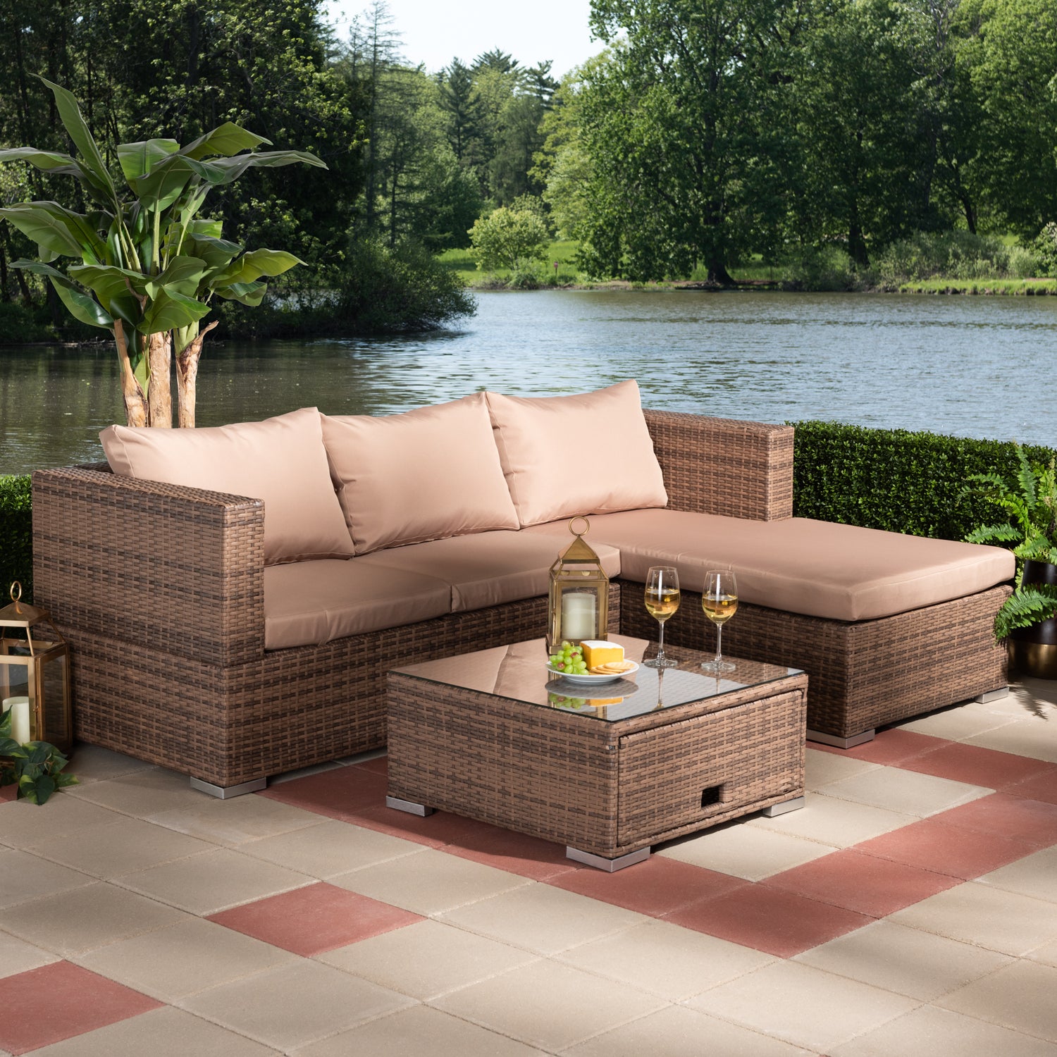 Addison Outdoor Patio Set - Modern 3-Piece Light Brown Upholstered Furniture with Woven Rattan and Adjustable Recliner for Stylish Living