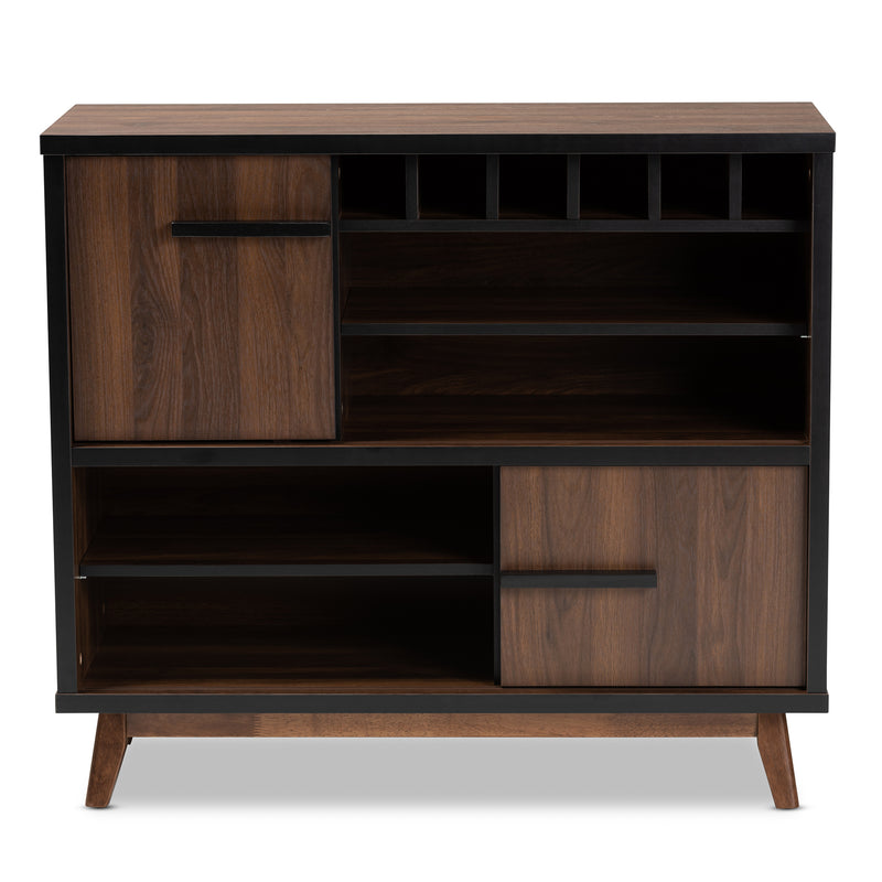 Margo Wine Storage Cabinet Mid-Century Modern Two-Tone Walnut Brown and Black Wood with Ample Storage for Bottles and Glasses