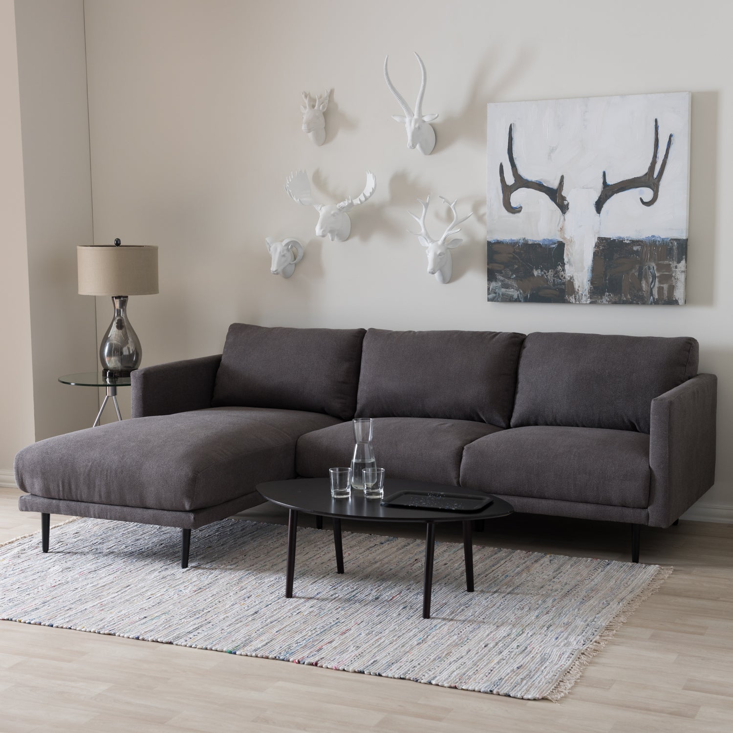 Riley Sofa Retro Mid-Century Modern Grey Fabric Upholstered Left Facing Chaise Sectional